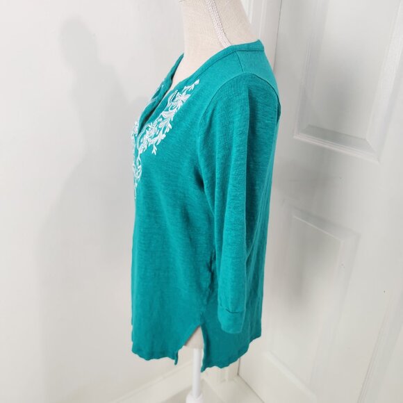 Chicos Top Womens 2 Blue Soft Linen Embroidered Boho Festival Side Slits - Picture 4 of 12